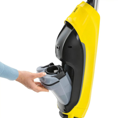 Person removing water tank from Electric Mop And Floor Cleaner For All Hard Floors Cordless With 500 RPM Front Rotating Rollers