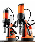 Heavy Duty Magnetic Drill Press Featuring A Powerful 1500W Motor And Super Tight Grip For Steady 2-3/8 Inch Cutting Width With Double Speed Settings making big hole drilling a breeze on steel. Two drills showcased.