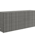 Heavy Duty Grey Garden Storage Cabinet And Outdoor Tool Chest, Weather Resistant Patio Organizer With Pe Rattan And Powder Coated Steel Frame, Tough As Nails Backyard Stash Box With Acacia Wood Knobs For Deck Use, large gray storage cabinet viewed from the side.