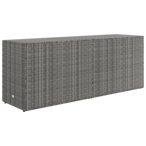 Heavy Duty Grey Garden Storage Cabinet And Outdoor Tool Chest, Weather Resistant Patio Organizer With Pe Rattan And Powder Coated Steel Frame, Tough As Nails Backyard Stash Box With Acacia Wood Knobs For Deck Use, large gray storage cabinet viewed from the side.