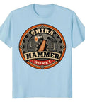 Cool Vintage Hammer Gear Badge Shiba T-Shirt For True DIY Guys Who Love Garage Art Retro Distressed Look Unisex Style With Bold Design on blue cotton tee.