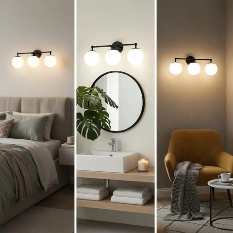 Three Light Black Vanity Light Fixture With Milky White Glass Globe Shade over mirror in bathroom, bedroom, and living room