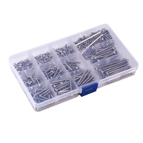 Hardcore 440 Piece 304 Stainless Steel Hex Head Socket Screws And Nuts Assortment Kit M3 Metric Bolts Nuts With 2 Hex Keys For Tough Home Repair Or Weekend DIY Projects Inside Rust Resistant Plastic Storage Case With Lid Organizer Tray. Open organizer tray with M3 stainless steel socket screws and nuts