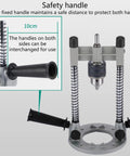 Versatile Drill Press Attachment For Vertical And Angled Boring With Rubberized Base, safety handle, guides, and depth stop.