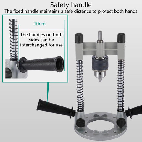Versatile Drill Press Attachment For Vertical And Angled Boring With Rubberized Base, safety handle, guides, and depth stop.