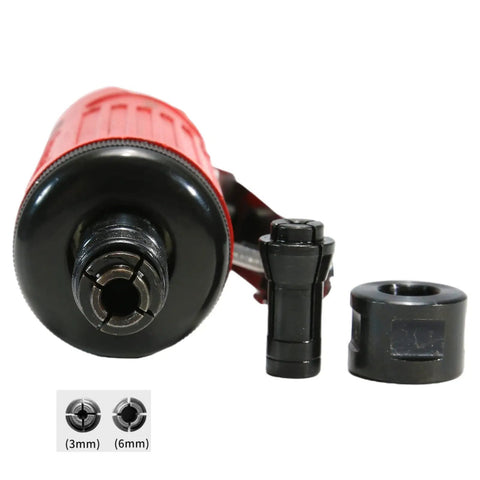 Shop Grade 1/4 Inch Pneumatic Straight Die Grinder With 22000 RPM Rapid Spin showing the tool's chuck, hex key, and adapter for versatile use.