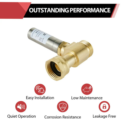 Heavy Duty Stainless Steel Water Hammer Arrestor For Washing Machine Supply Lines Three Quarter Inch Swivel FHT To MHT Connection 250 PSI Max Low Lead Brass CUPC NSF Listed For Horizontal Or Vertical Install, brass fitting