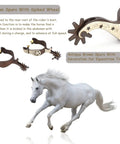 Antique Brown Western Style Horse Spurs 1 Pair With Hand Carved Decoration for boots, with spurs close-up and galloping horse.