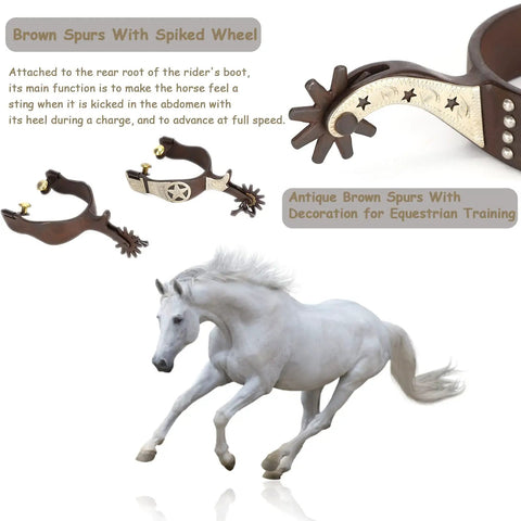 Antique Brown Western Style Horse Spurs 1 Pair With Hand Carved Decoration for boots, with spurs close-up and galloping horse.