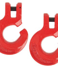 Two red Three Eighths Inch Logging Chain Choker Hook Grade 80 Not For Overhead Lifting 6900 Lbs WLL hooks, drop-forged steel