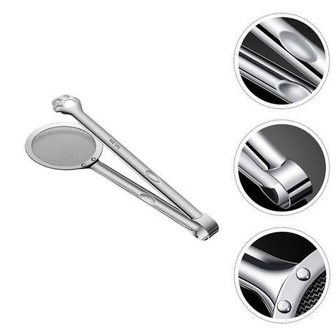 Stainless steel oil strainer spoon and frying oil filter clamp with perforated round basket, 304 stainless, claw design.