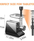 Heavy Duty Electric Meat Grinder 2800W Sausage Stuffer with compact design, showing dimensions and parts for versatile kitchen use.