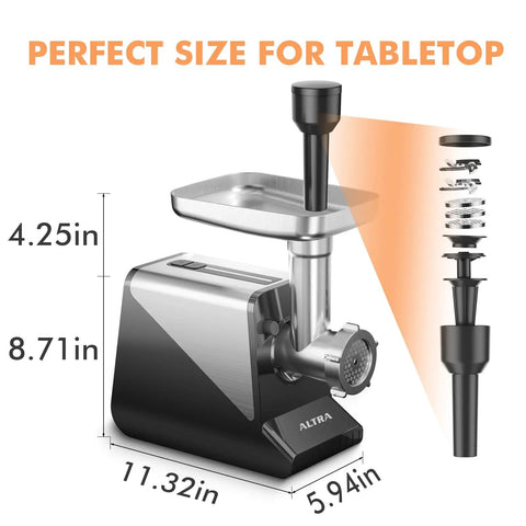 Heavy Duty Electric Meat Grinder 2800W Sausage Stuffer with compact design, showing dimensions and parts for versatile kitchen use.