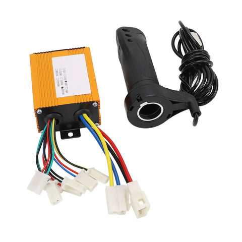 36V 500W Brushed Electric Bike Controller With Throttle Grip Kit featuring aluminum casing and wires for electric bikes.