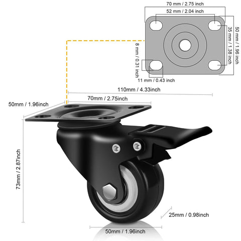Two Inch Caster Wheels Set Of Four With Silent Polyurethane Tread, Heavy Duty Swivel Plate Casters For Cart, Black Finish