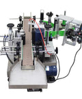 Top Shelf Fully Automatic Round Bottle Labeling Machine With Snappy Touch Screen And Rock Solid Auto Correction For Fast Hassle Free Industrial Packaging, showing detailed machinery setup.