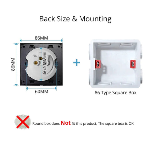 Back size and mounting details for LED Round Button Push-Return Wall Light Switch 1-4 Gang 86x86mm Brushed Aluminum Panel