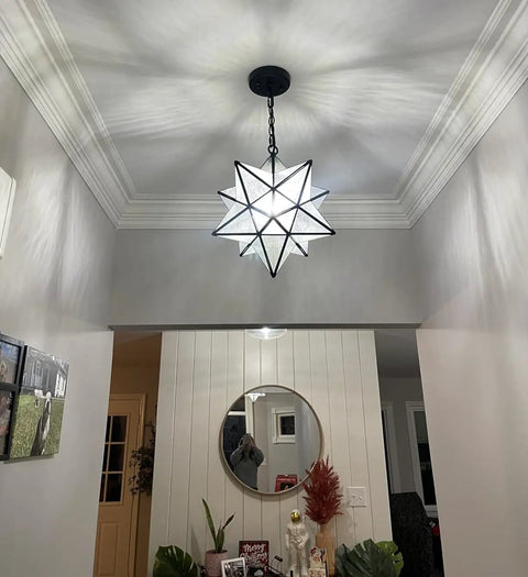 Moravian Star Pendant Light With Seeded Glass Shade, Adjustable Chain, 16 Inch Diameter, For Kitchen Porch Dining Foyer And Bedroom.