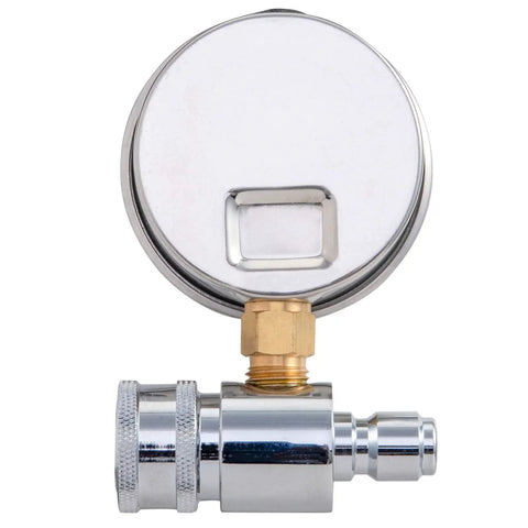 Pro Grade Beefy Pressure Washer Gauge 6000 PSI with Three Eighths Inch Quick Connect, shown from front view, stainless steel