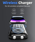 On The Go Solar Power Bank 20000mAh With 15W Wireless Fast Charge Three Built In Cables And USB Ports And Dual Flashlights USB C