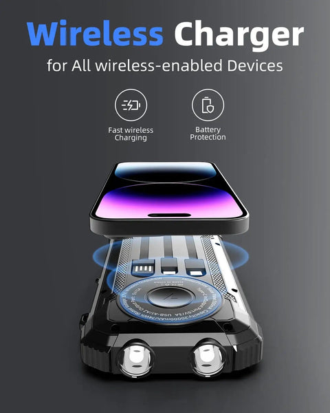 On The Go Solar Power Bank 20000mAh With 15W Wireless Fast Charge Three Built In Cables And USB Ports And Dual Flashlights USB C