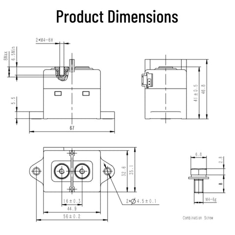 Dimensions diagram of Heavy Duty 60A 1000VDC High Voltage Ceramic DC Contactor Relay With 12V Coils showing size specifications.