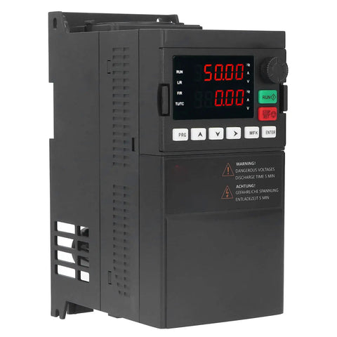 Three Phase VFD Motor Controller With 380V Input Output, 2.2KW Pro Grade Drive, Efficient ABS Shell, DIY Friendly Clear Digital Panel, Built In Overload Overheat And Voltage Protection, PID Precision Control For Smooth, Fast Motor Performance. Black ABS VFD drive with digital display, buttons and cooling vents