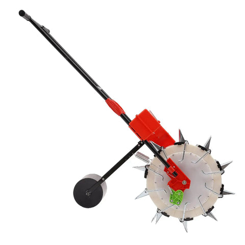 Garden Push Seeder With 10 Nozzles, Metal Precision Hand Push Seeder, side view showing clear seed storage box and wheels
