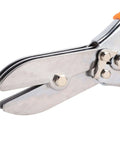 Close-up of Heavy Duty Five-Blade Steel Crimping Tool For 24-28 Ducts in HVAC systems, showing steel blades and orange handle.