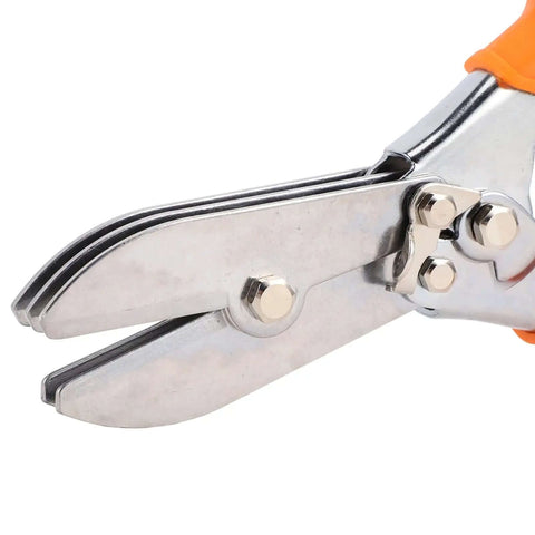 Close-up of Five Blade Hand Crimper for Sheet Metal with Non Slip Grippy TPR Handle, showing 1.61 inch opening and blades.