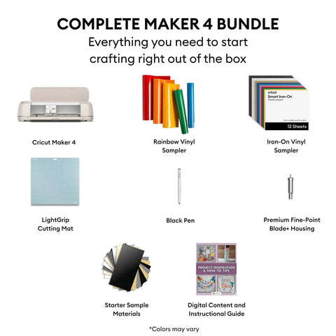 Maker 4 Starter Craft Bundle with die cutting machine, vinyl, HTV materials, mats, tools, instructional guide displayed.