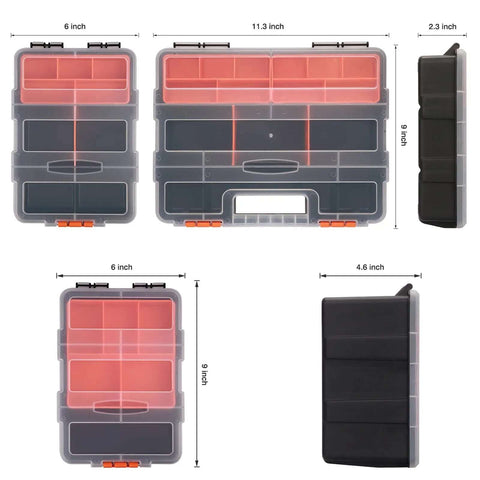 Four Piece Hardware And Parts Organizer Set With Tough Compartments In Multiple Sizes For Easy Tool Storage And Drawer Organization Built For Home Garage And Workshop Use, showing two views of clear plastic organizers with pink compartments and dimensions.