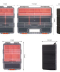 Four Piece Hardware And Parts Organizer Set For Toolbox Storage Ready To Roll With Versatile Small Parts Compartments Durable Multi Size Organizer Boxes For Home Garage And Workshop, showing different box sizes and detailed dimensions.