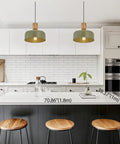 Dope Green Contemporary Pendant Light With Wood And Brass Accents Adjustable Hanging Lamp Over Kitchen Island