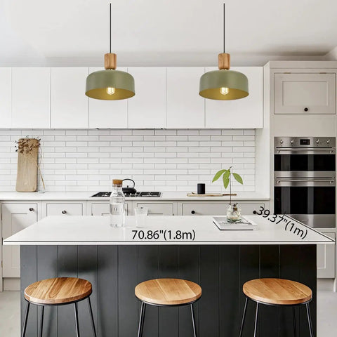 Dope Green Contemporary Pendant Light With Wood And Brass Accents Adjustable Hanging Lamp Over Kitchen Island