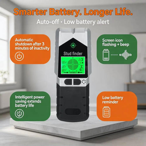 Image of 6 in 1 Stud Finder Wall Scanner-Electronic Stud Detector with LCD display and power saving features in black.