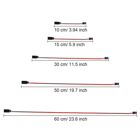 Five lengths of 20 Piece 3 Pin Servo Extension Cables Female To Male RC Wiring Kit for Control Board and Remote, 10-60 cm shown.