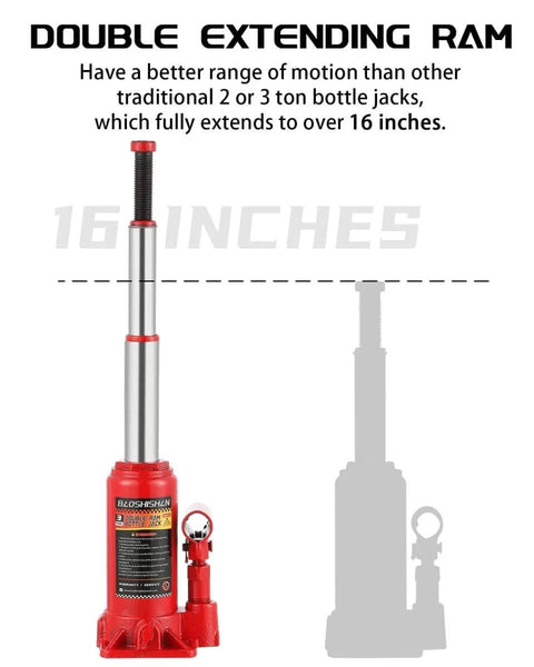 3 Ton Double Ram Hydraulic Bottle Jack With 6.5 To 16.5 Inch Lifting Range Portable Car Jack In Carrying Case image showing extended height