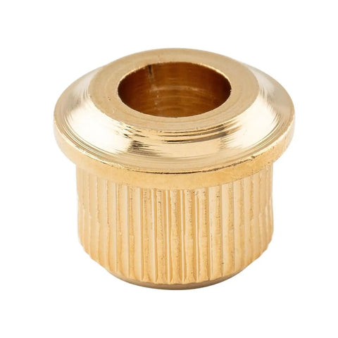Close-up of gold bushing from Must Have Six Piece Gold Guitar Tuner Conversion Bushings Kit For Vintage To Modern Machine Heads Converts 6mm Posts To 10mm Drilled Headstock Bore For 6 Inline Or 3 On Each Side Knurled Tuning Pegs Adapter.