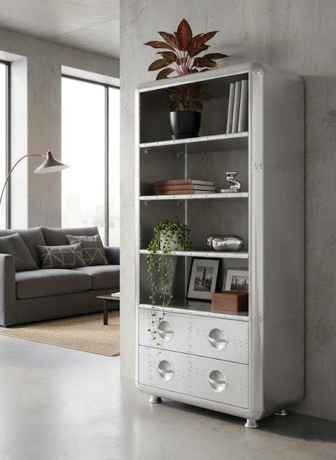 Legit Industrial Aviator Bookcase Featuring Four Hella Spacious Open Shelves And Two Smooth Glide Storage Drawers With Solid Metal Frame for office.