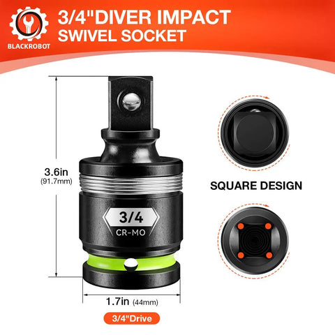 3/4 Inch Drive Universal Joint Socket Adapter Set, Tough As Nails Cr Mo Steel Swivel Ratchet For Heavy Duty Impact Wrenches showing dimensions and design.