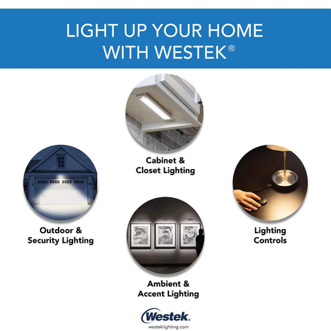 Diagram of various Westek lighting solutions: cabinet, outdoor, ambient, and plug in motion activated light control.
