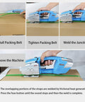 Heavy Duty Electric Welding Strapping Tool Battery Powered Packing Bander Portable Handheld Heating Seal Machine For PP PET Plastic Strap in use on a carton.