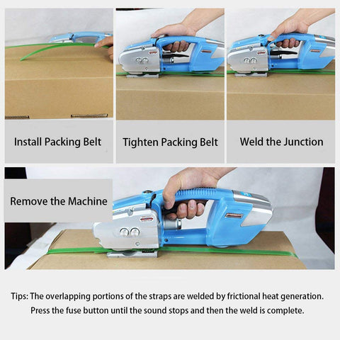 Heavy Duty Electric Welding Strapping Tool Battery Powered Packing Bander Portable Handheld Heating Seal Machine For PP PET Plastic Strap in use on a carton.