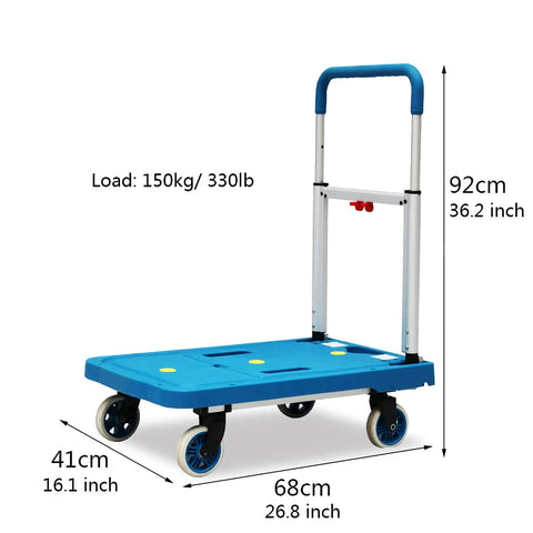 Hella Reliable Foldable Flatbed Hand Truck With Easy Adjust Handle And Smooth Gliding Wheels, 150kg capacity, blue platform cart.
