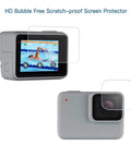 Hero 7 White And Silver Waterproof Housing Case with 30m Depth, showing anti-scratch lens and screen protector films.