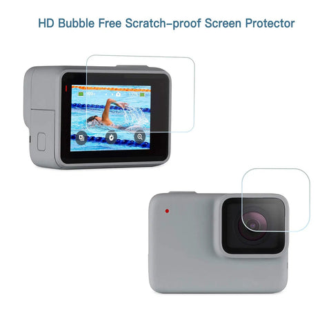 Hero 7 White And Silver Waterproof Housing Case with 30m Depth, showing anti-scratch lens and screen protector films.