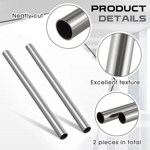 Two 304 stainless steel tubes, 3/4 in OD, 12 in long, 16 gauge thick-walled round metal tubing (side view)