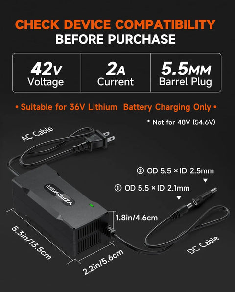 42V 2A Electric Scooter Charger For Gotrax GXL V2 Apex E2 G3 Hiboy S2 Lite S2 S2 Pro Nex3 36V Lithium Battery Fast Smart Charging Replacement On The Go And Ride Ready