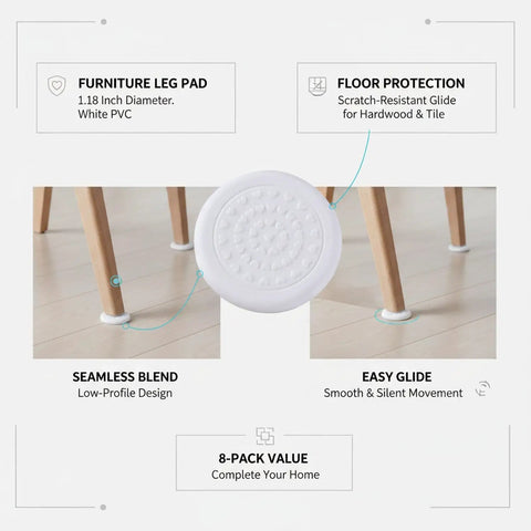 Image showing Eight Pack White Square Furniture Leg Pads 1.18 Inch PVC Floor Protectors under chair legs on hardwood floor.
